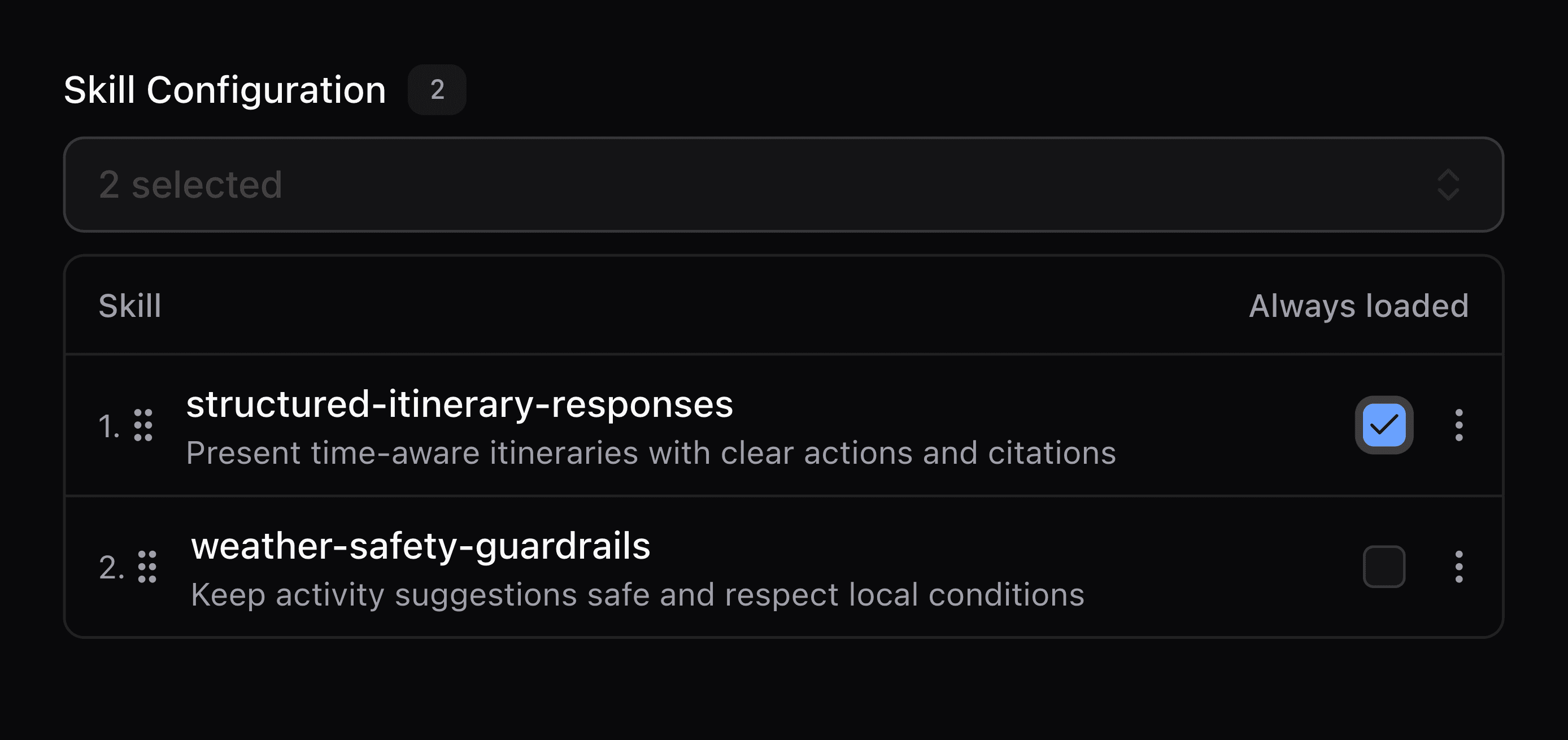 Skills configuration in sidepane